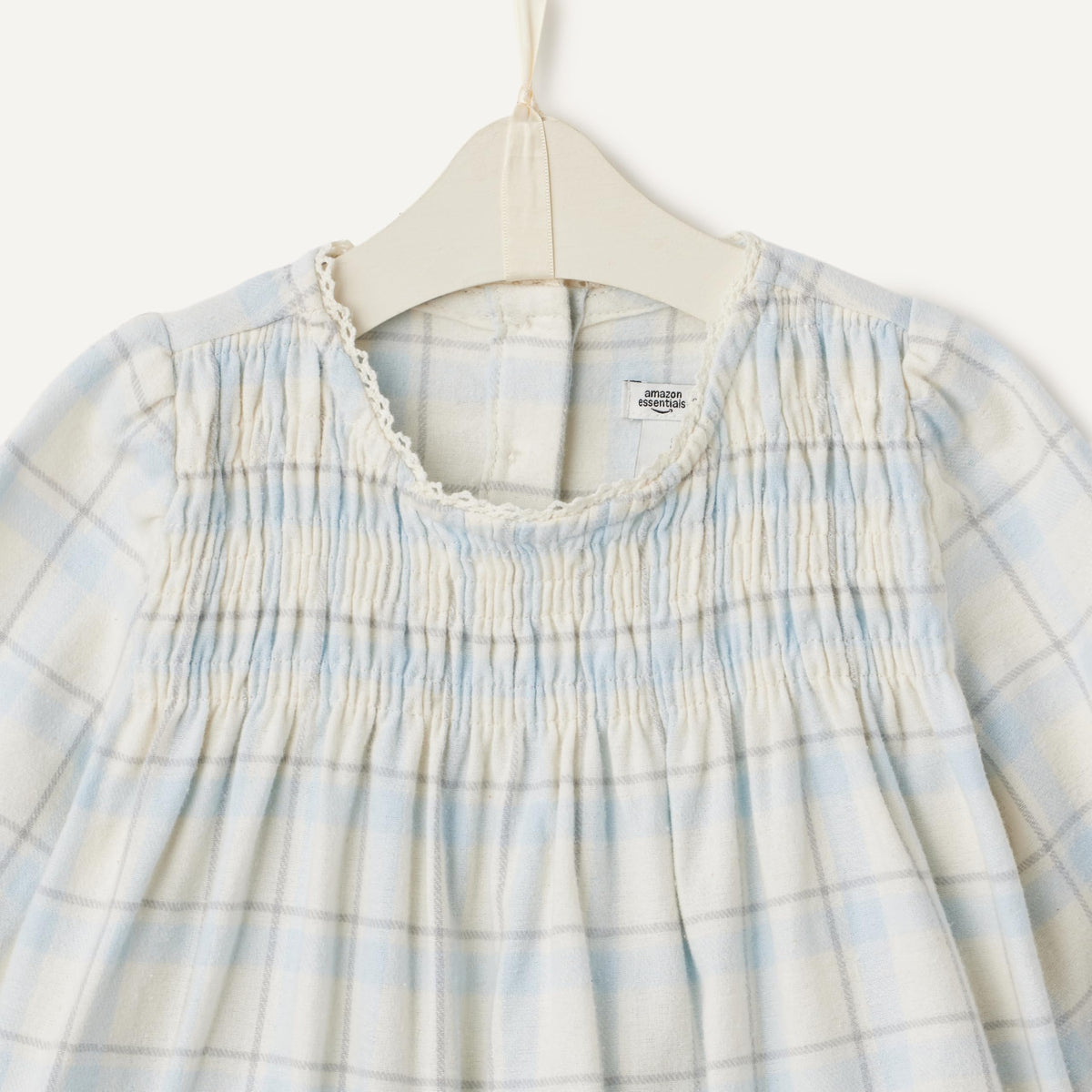 Amazon Essentials x Sofia Grainge Unisex Babies' Long Sleeve Flannel Set with Smocked Bodice, Lace Trim, Ivory Light Blue Simple Plaid, 24 Months