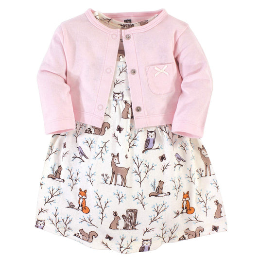 Hudson Baby Girls' Cotton Dress and Cardigan Set, Enchanted Forest, 18-24 Months