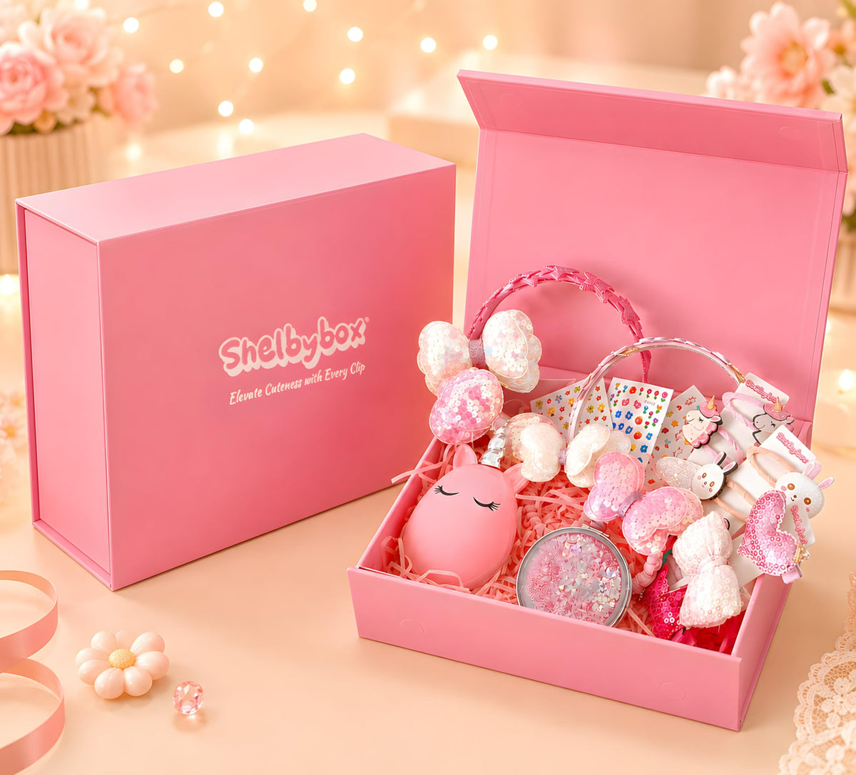 Hair Accessories for Girls Gift Set - Girl Hair Accessories Kit for Kids Ages 4-8, Pink Hair Clips, Barrettes, Ponytail Ties, Bows, Headbands, Mirror & Unicorn Comb, Toddler Hair Set