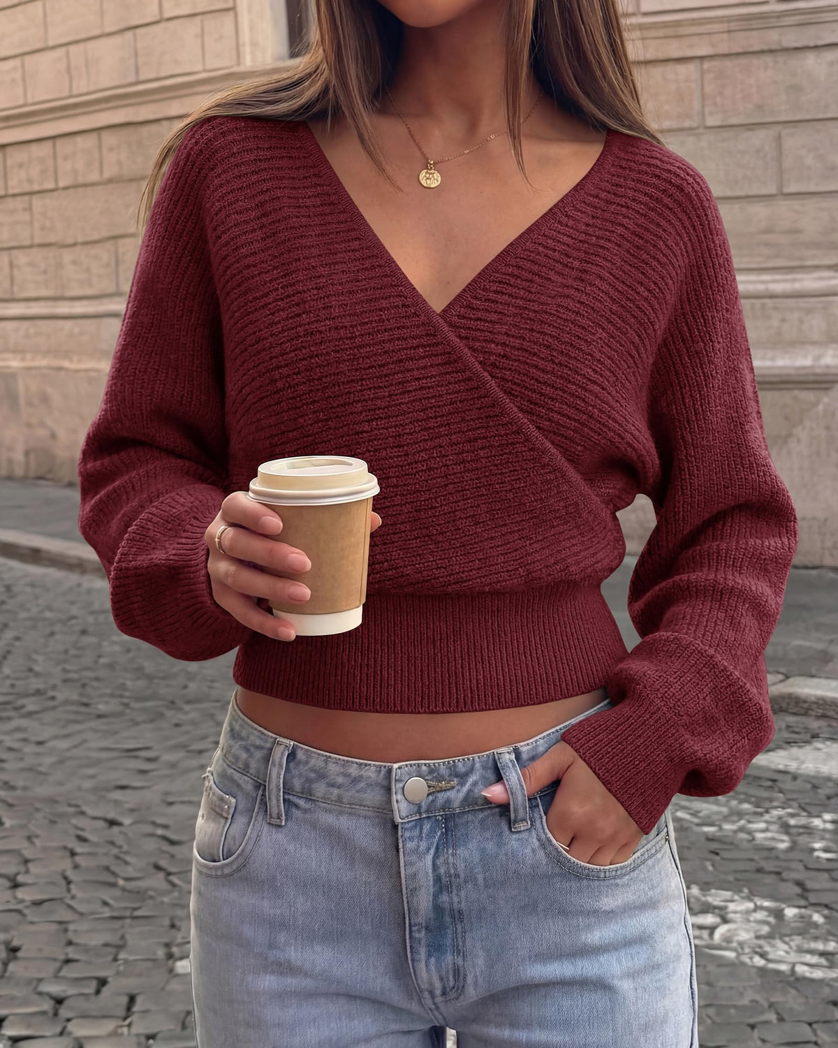 BTFBM Ribbed Knit V Neck Wrap Cross Sweaters For Women Fall Outfits 2026