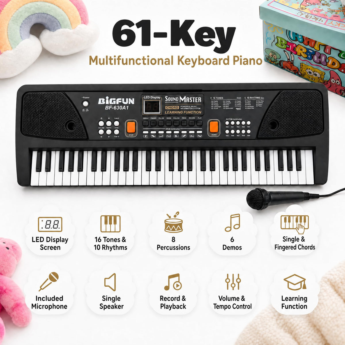 Soundo 61 Key Piano Keyboard with Microphone, Electric Piano, Black