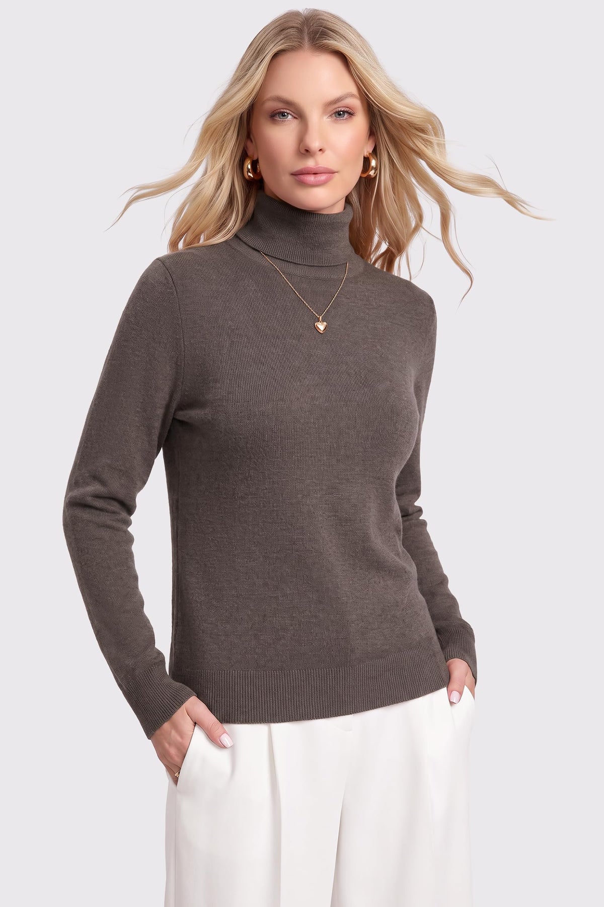 Arach&Cloz Women's Wool Turtleneck Fall Lightweight Sweater Tops Coffee L