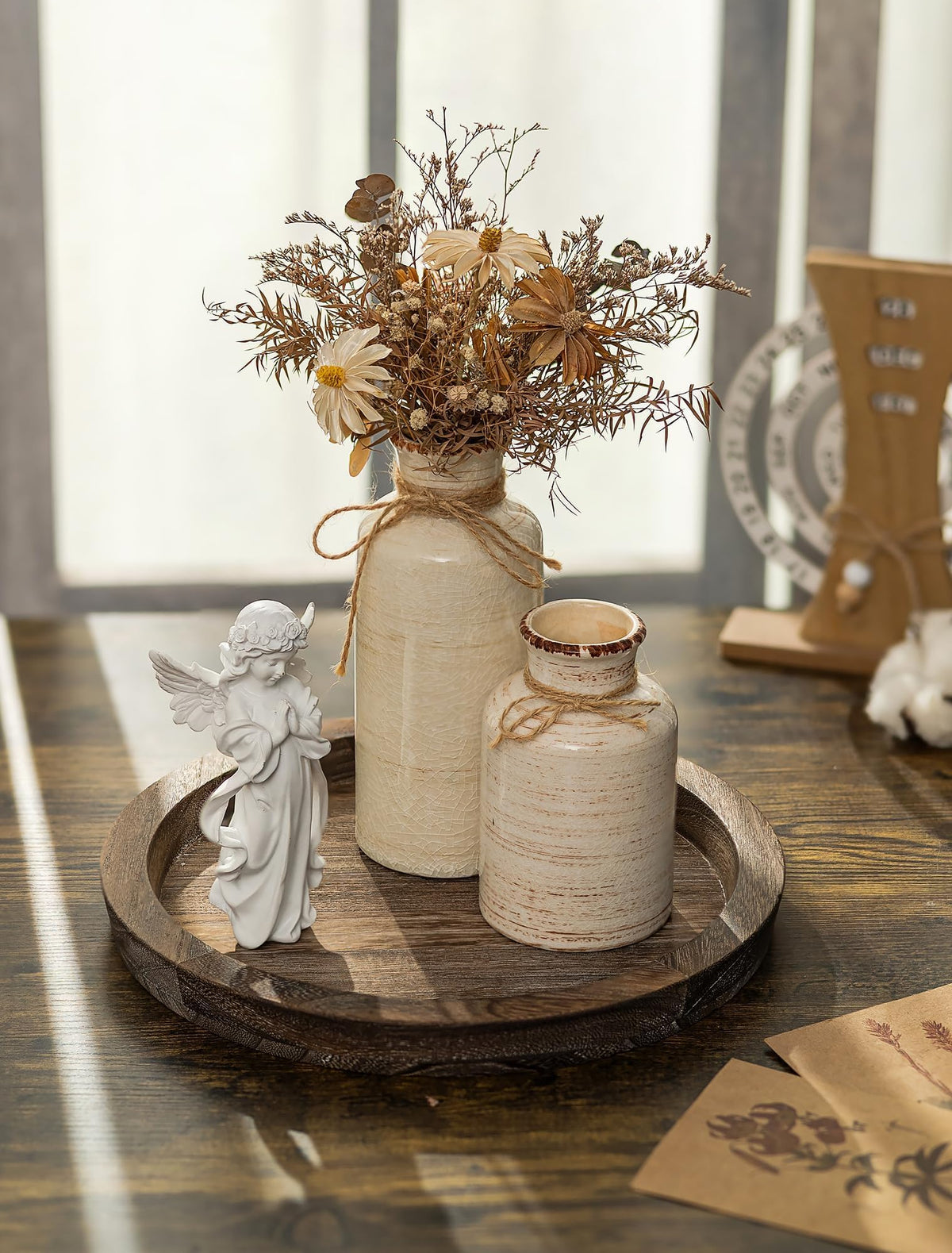 Hanobe Round Wooden Candle Holder Trays for Coffee Table, Distressed Finish