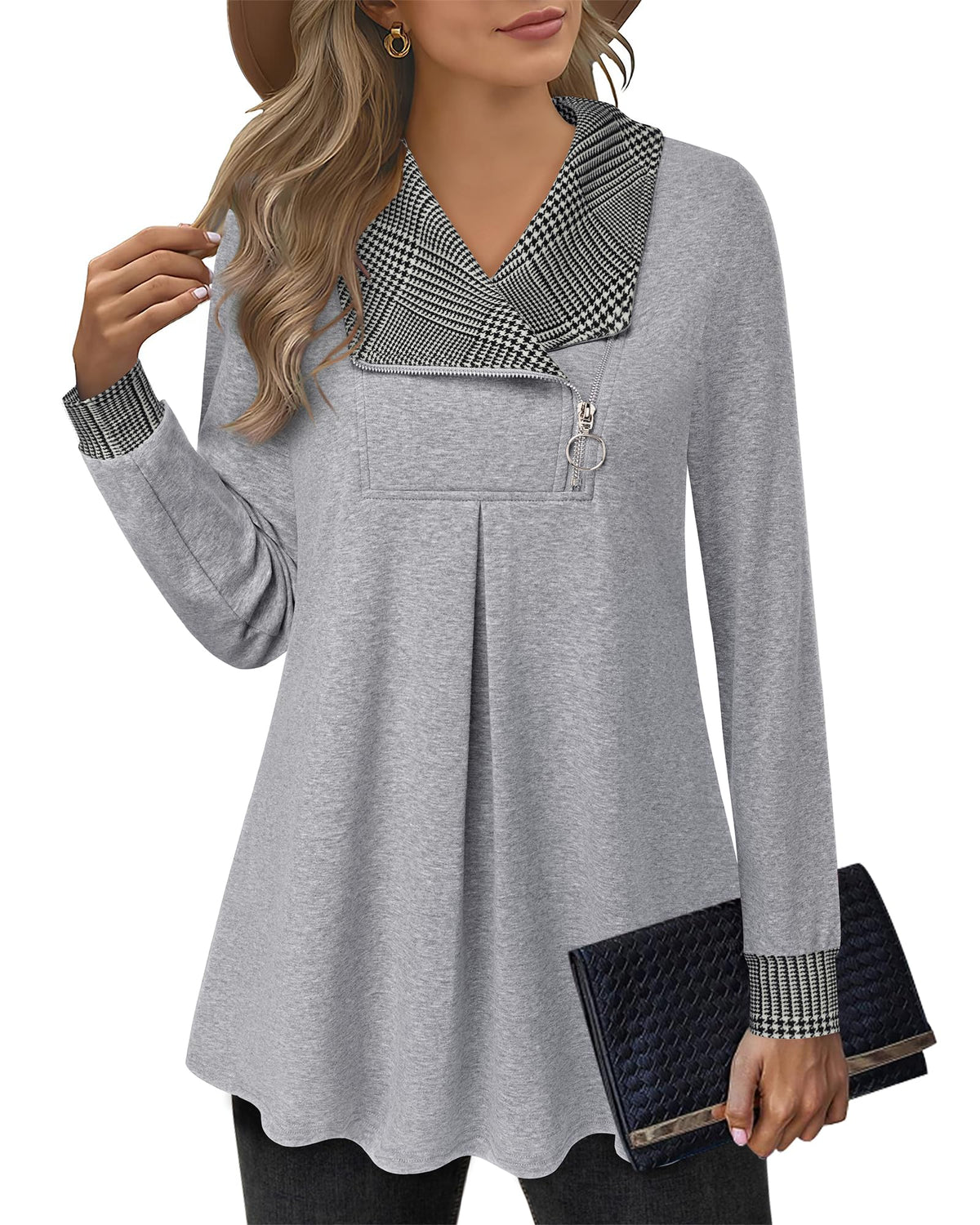 VALOLIA Winter Clothes for Women: Clothes for Women - Tunic Sweaters to Wear with Leggings - Womens Tunic Tops to Wear with Leggings Zipper Neck Lapel Plaid Fashion Zip Up Sweatshirt Light Gray Medium