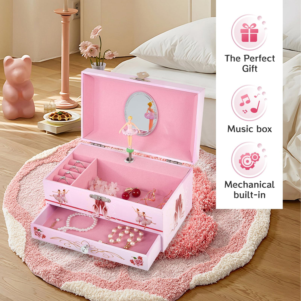 TAOPU Classical Ballerina Musical Jewelry Box with Drawer and Dancing Ballerina,Girls Gifts for Kids Jewel Storage, Girls Music Box for Kids Ages 3-12 Gift