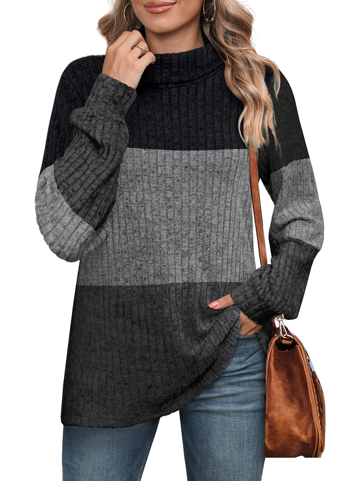 Womens Sweaters Plus Size Winter Clothes Fall Fashion 2026 Turtlenecks Boho Tops Long Sleeve Going Out Ladies Tops and Blouses Color Block M