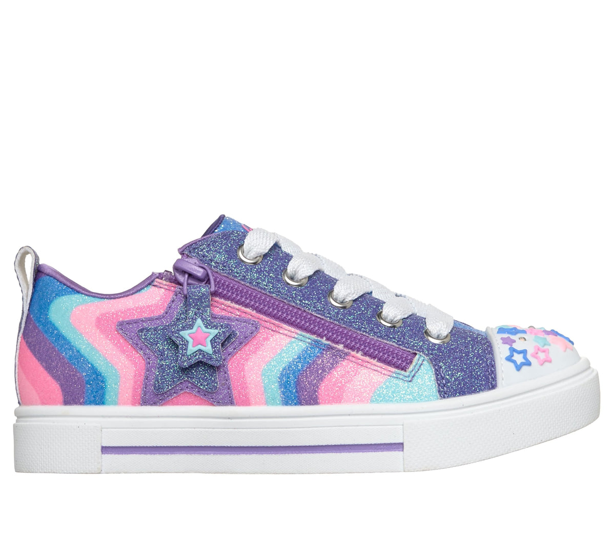 Skechers Twinkle Sparks Cosmic Burst Light Up Sneakers - Star Design Low Top Fashion Shoes with Glitter Upper, Navy Synthetic/Multi Trim, 1H