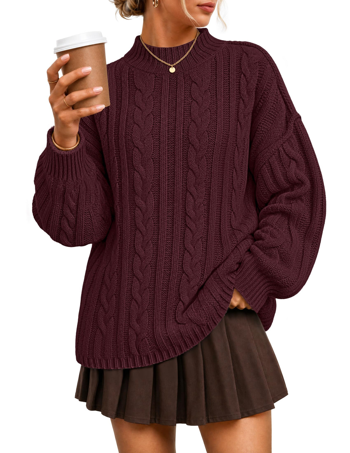ZESICA Women's Fall Sweater Oversized Mock Neck Cable Knit Outfit Wine L
