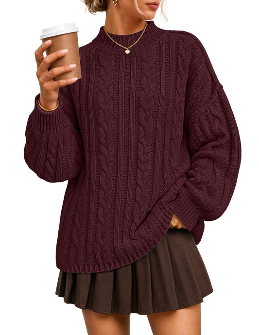 ZESICA Women's Fall Sweater Oversized Mock Neck Cable Knit Outfit Wine L