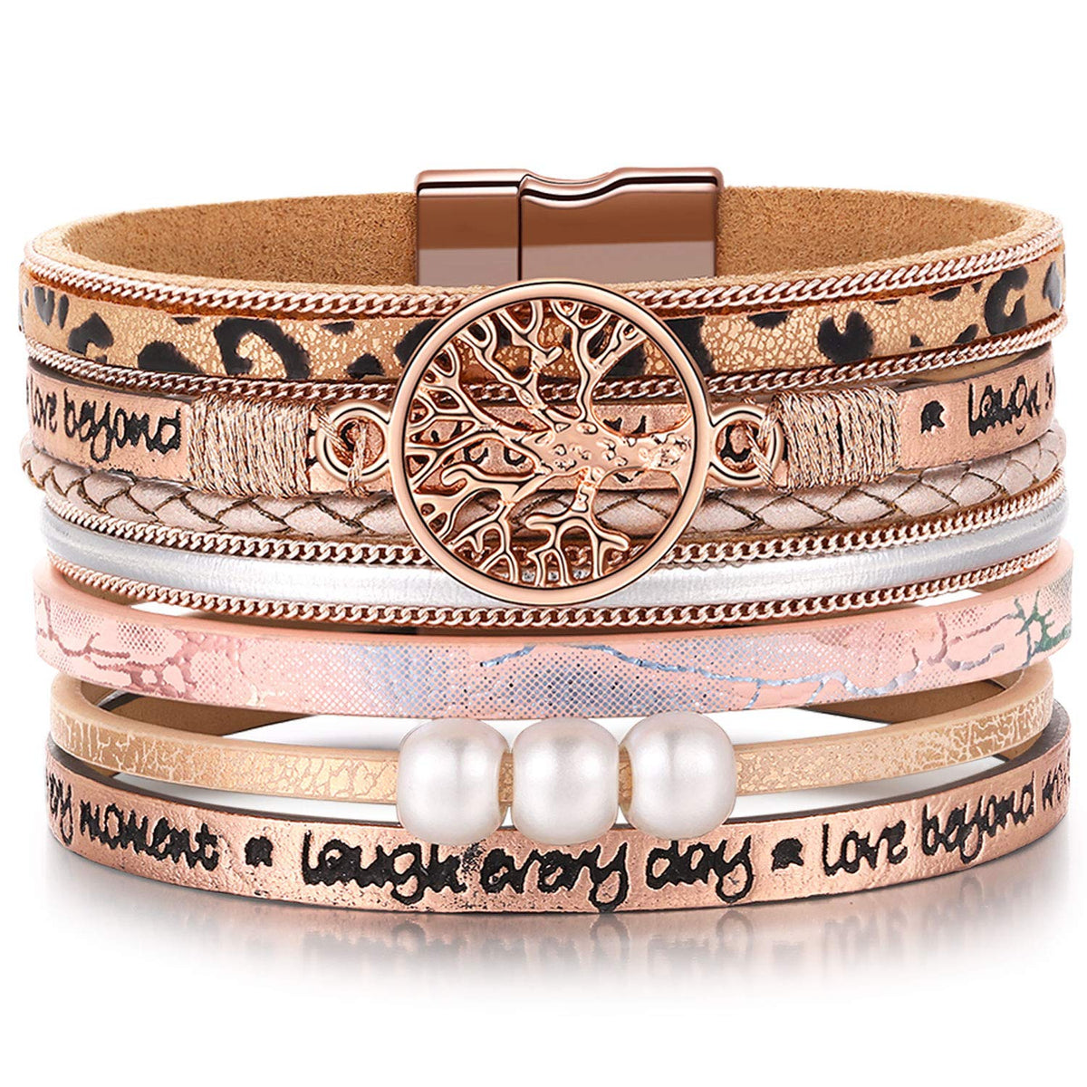 Desimtion Gifts for Teenage Girls, Inspirational Leopard print rose gold leather Wrap Boho Bracelets for Women,Easter Christmas Birthday Jewelry Gifts for Teen Girls