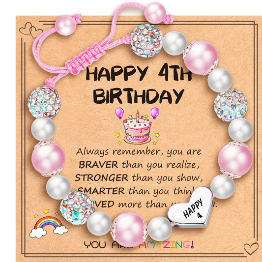Esrial Happy 4 Year Old Birthday Gifts for Girls, Adjustable Pink Pearl Heart Beaded Bracelet for Daughter Granddaughter Niece
