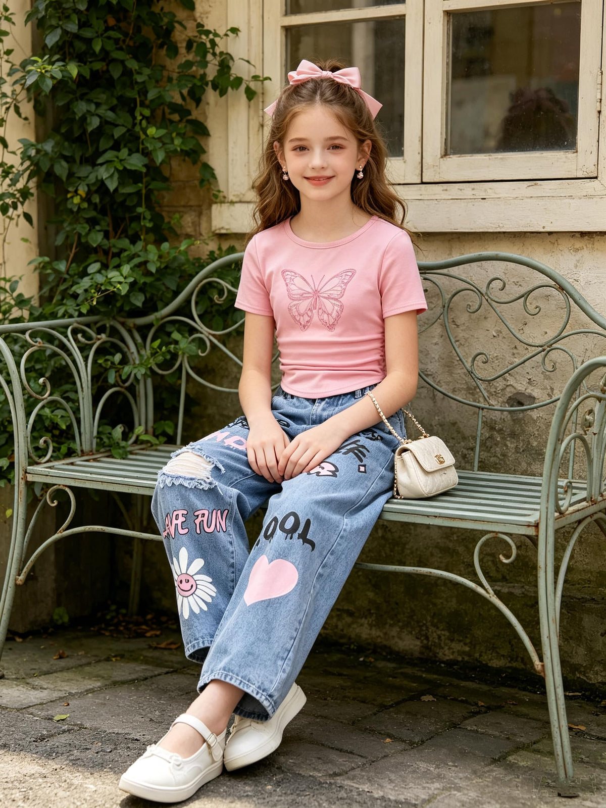 LKALPSQ Girls Outfits Teen Girls Clothes Butterfly Graphic Crop Short Sleeve T Shirts & Ripped Print Wide Leg Jeans 2PCS Girls Clothing Set 9-10 Years