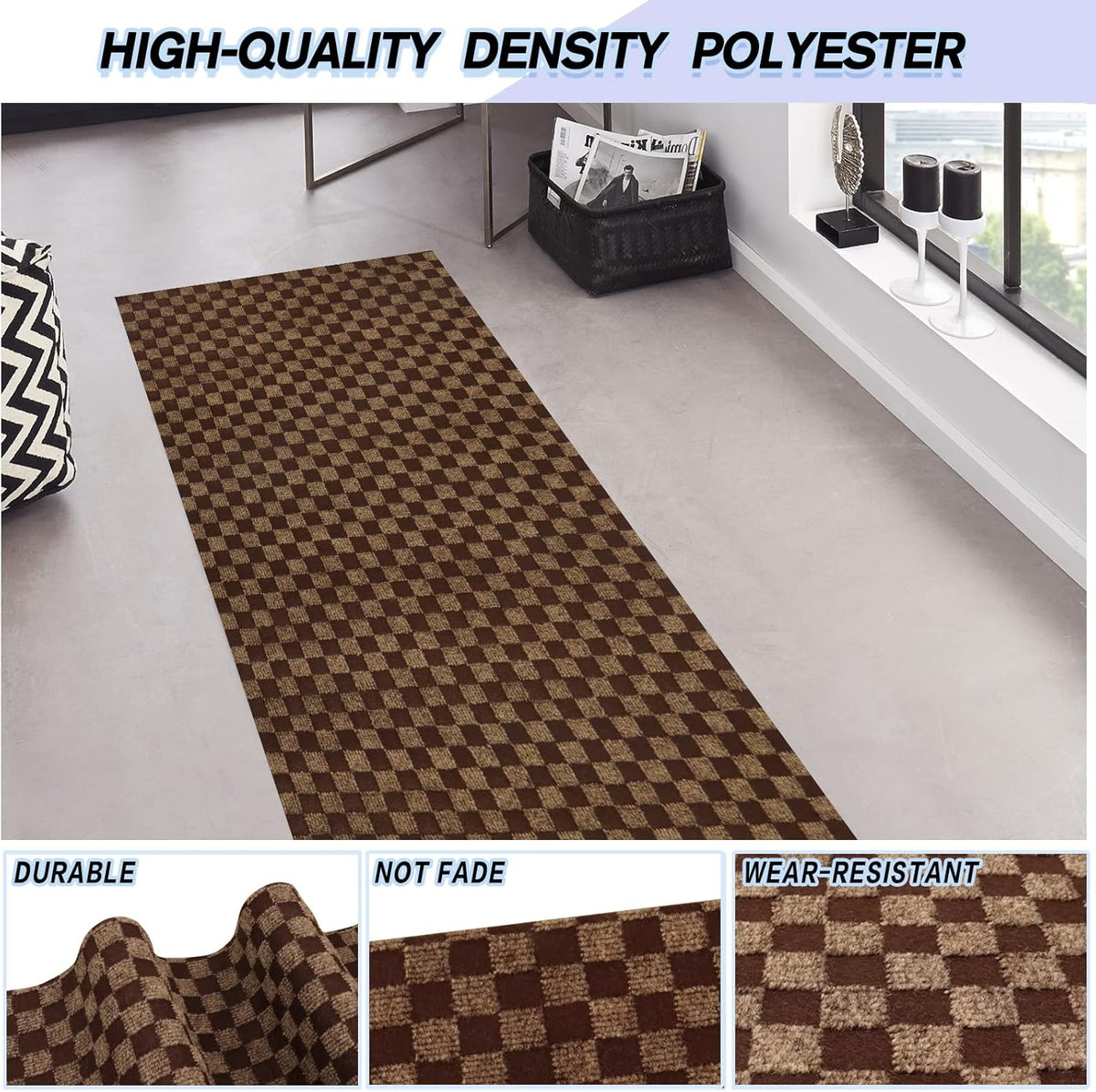 Custom Size Backed Non-Slip Area Rugs Runner, Easy Clean, Waterproof Runner Rugs for Hallway Entryway, Kitchen, Laundry, 3FT x 60FT, Brown Checkered