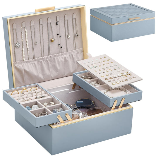 Lolalet Jewelry Box for Women Girls, 2 Layer Jewelry Organizer -HazeBlue