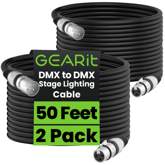 GEARit DMX Cable 50FT 2-Pack 3-Pin Male to Female for DJs and Event Techs