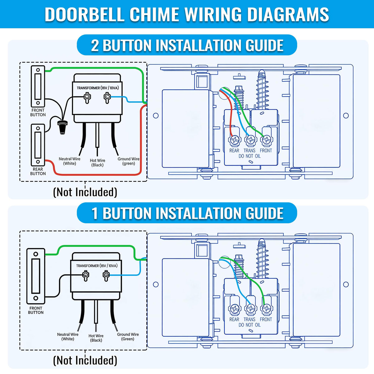 Wired Doorbell Chime, 16V 10VA Front and Rear Door Chime, Delicate Style