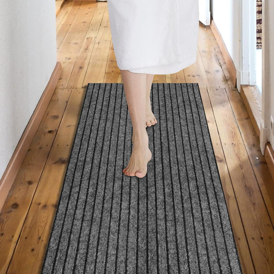 Custom Size Backed Non-Slip Area Rugs Runner, Easy Clean, Waterproof Runner Rugs for Hallway Entryway, Kitchen, Laundry, 4FT x 17FT, Gray Stripe