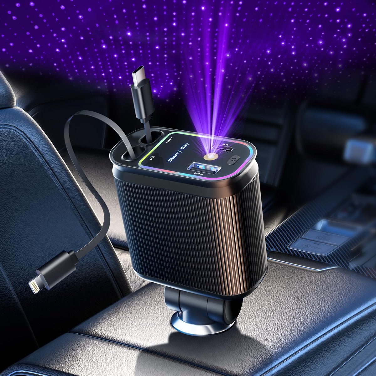Retractable Car Charger with Starlight, 66W Starlight in Car roof 4 in 1 Retractable Car Phone Charger Adapter, Fast Charging USB C Cable, Compatible with iPhone 17/16/15/14/13/12