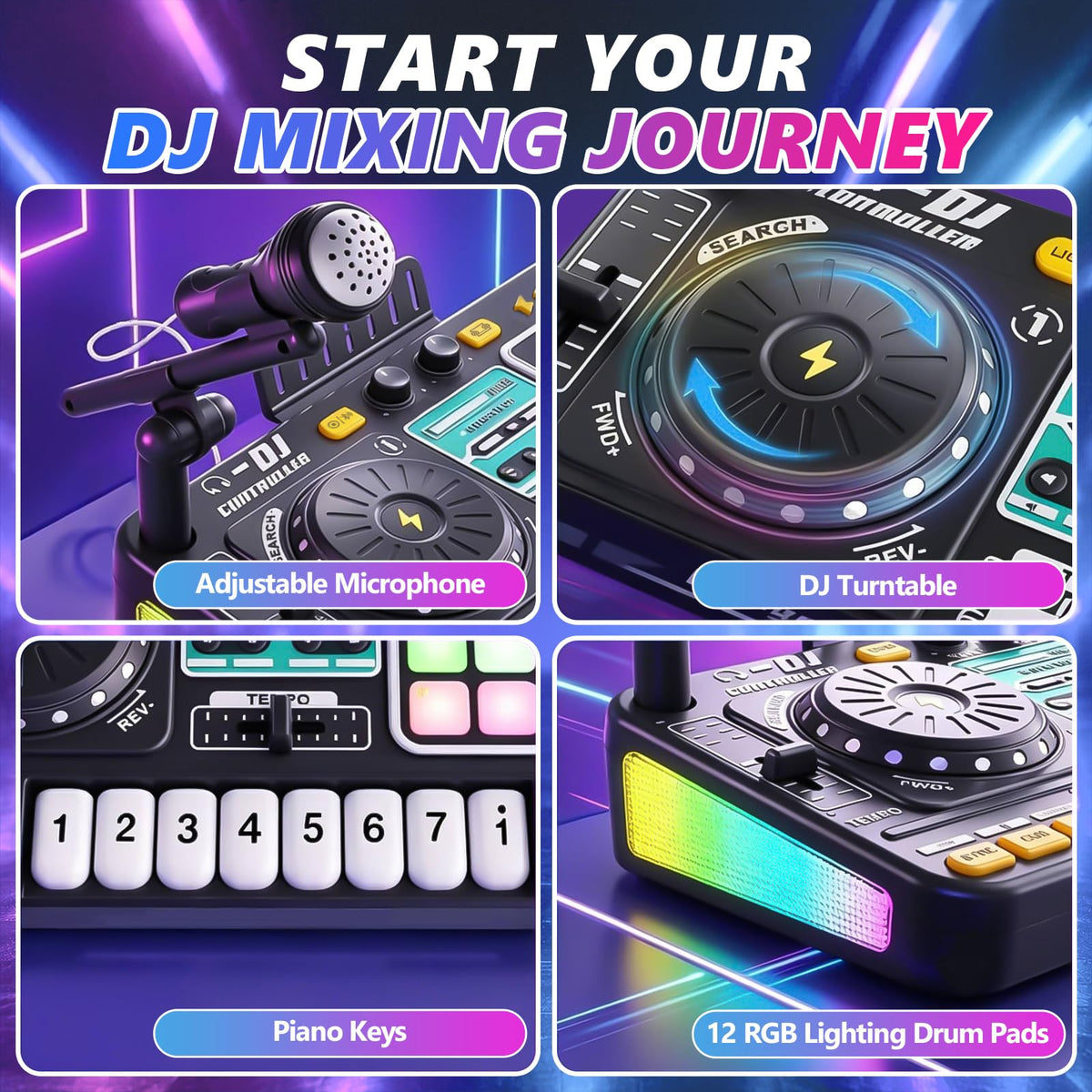VLQ Kids DJ Mixer Table, Musical DJ Set for Kids with Lights & Bluetooth