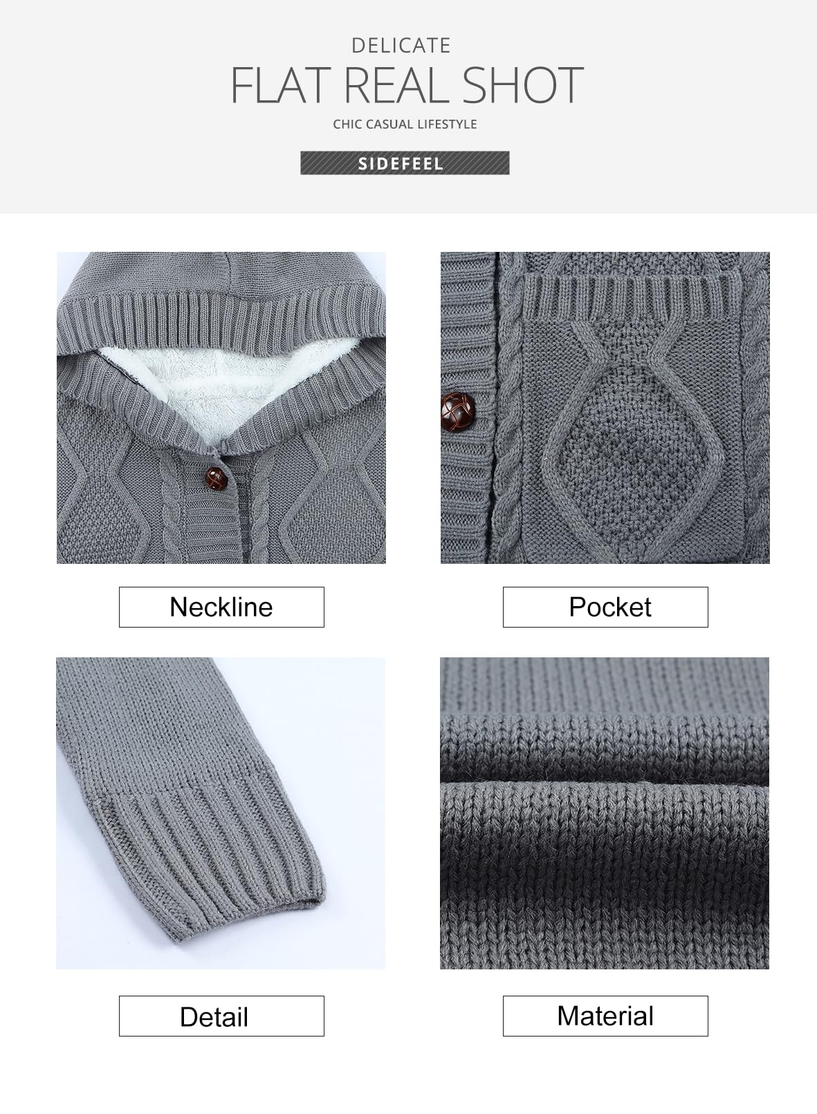 Sidefeel Women's Cable Knit Fleece Lined Hood Cardigan Sweaters S Gray