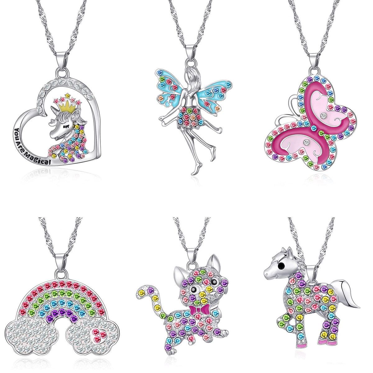 6 Pcs Cute Necklaces for Teen Girls - Adorable Pastel Crystal Girls Jewelry - Unicorns Gifts for Girls - Fairy Gifts for Teens - Dainty Necklace Birthday Gift Set Heart Necklace for Teen Girl Stuff