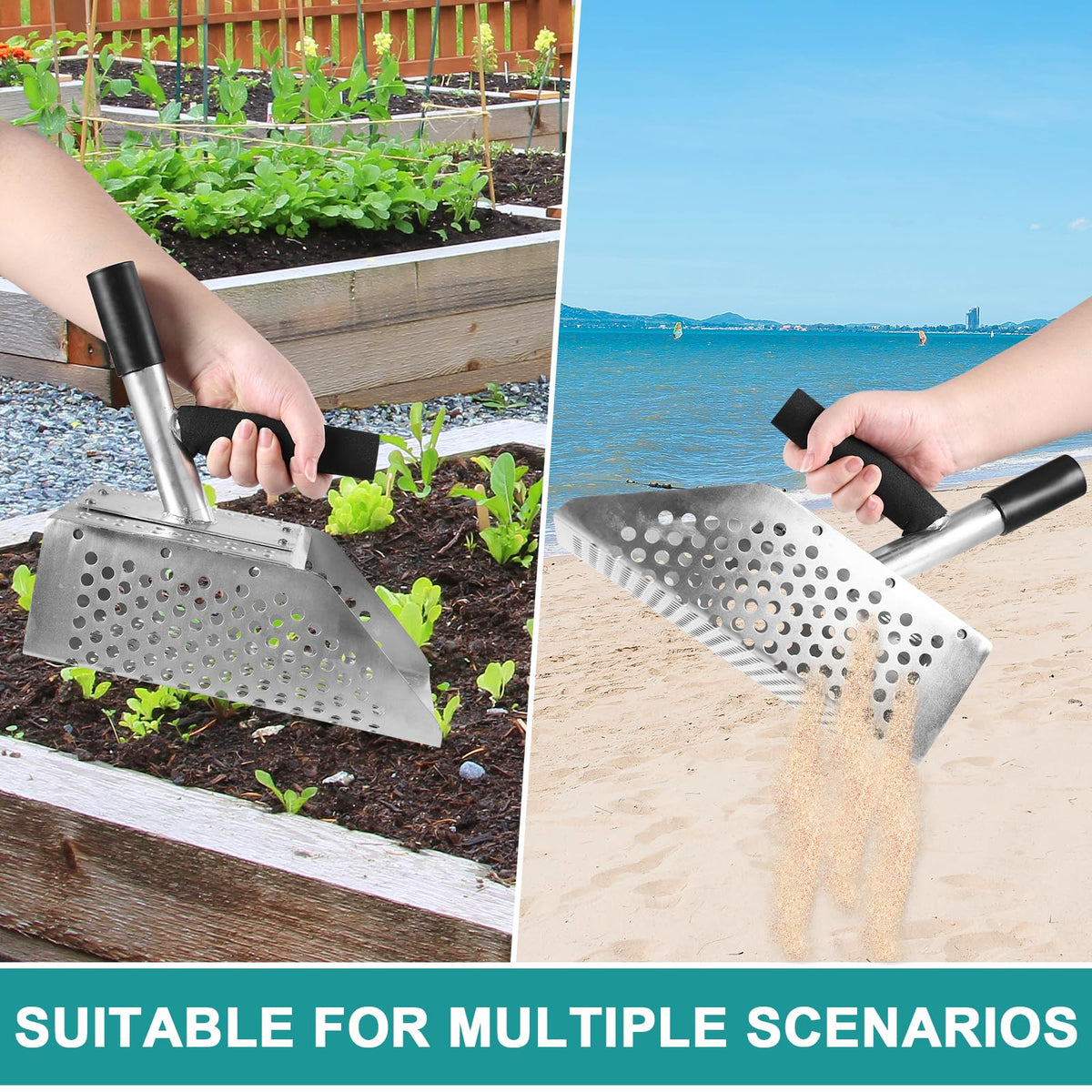Sand Scoop for Metal Detecting, long-handle Metal Detector & Sand Flea Rake