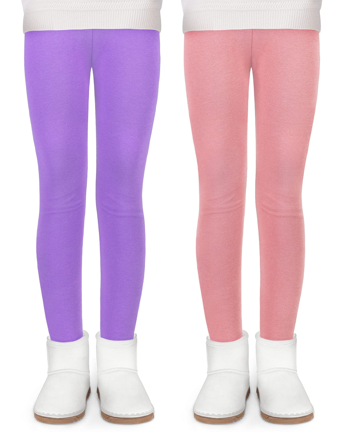KEREDA Girls Fleece Lined Leggings Pack of 2 Winter Warm Pants Girls Clothes Pink-Purple 5-6 Years
