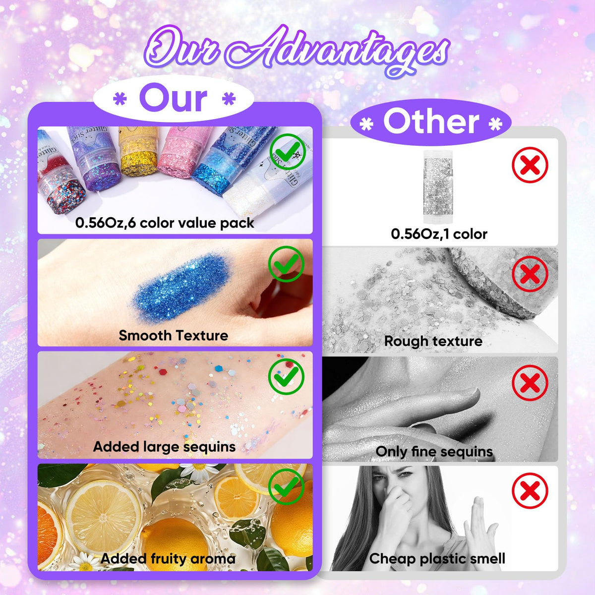 AROIC 6Pcs Body Glitter Stick, Sparkly Mermaid Face Glitter Makeup for Kids