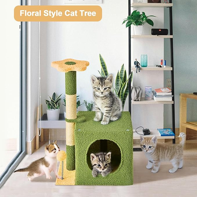 24 Inch Cat Tree Condo for Indoor Cats with Floral Sisal Scratching Post, Plush Hang Ball Play Furniture for Kittens Cats, Yellow