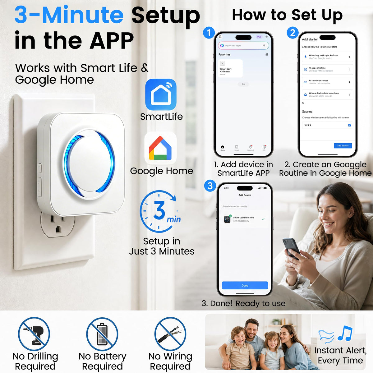 LUCKYDUO WiFi Chime for Nest Doorbell, 32 Tones, LED Flash, 999+ Expandable