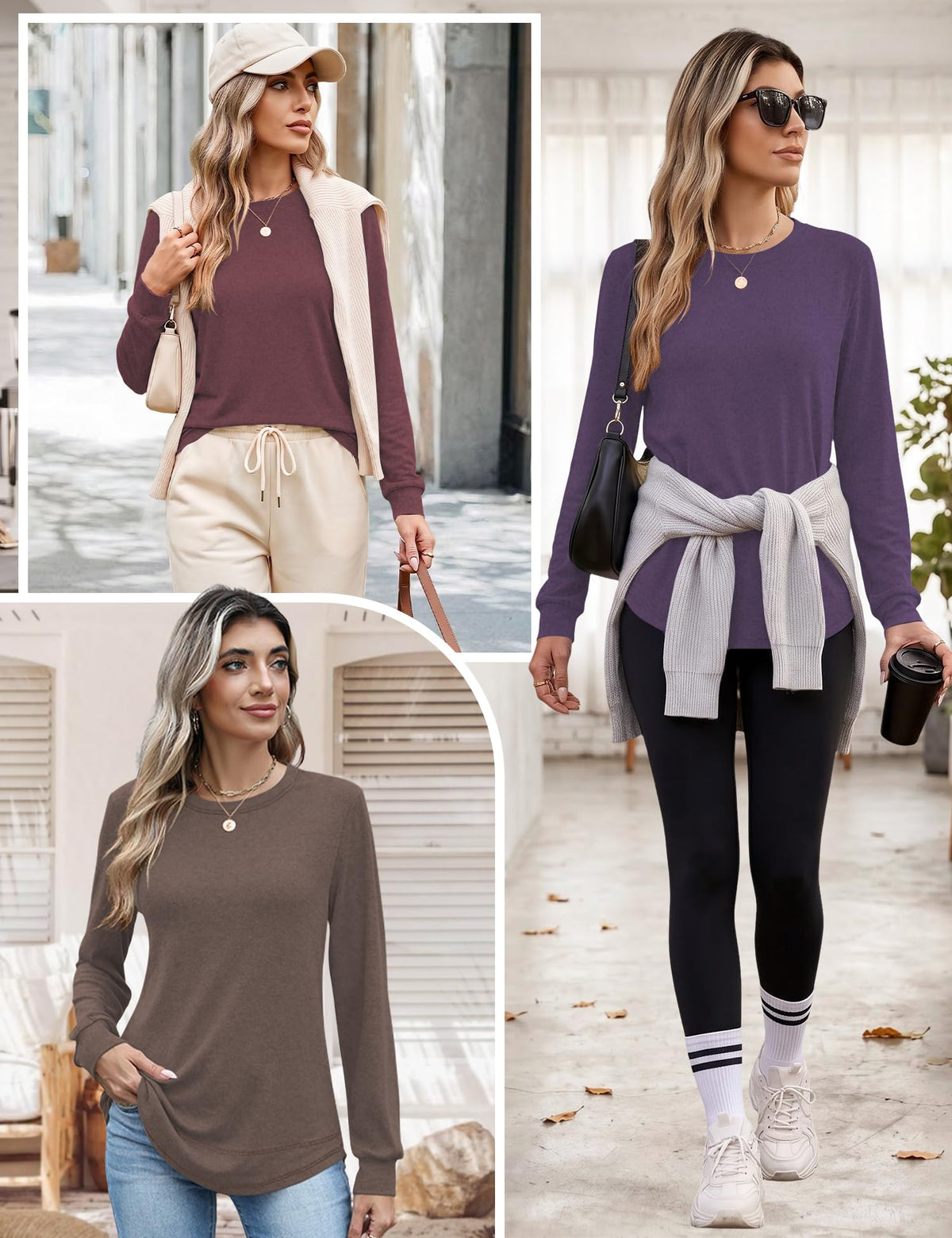 TCOT 3 Pack Ladies Blouses and Tops Crew Neck Long Sleeve Everyday TShirts