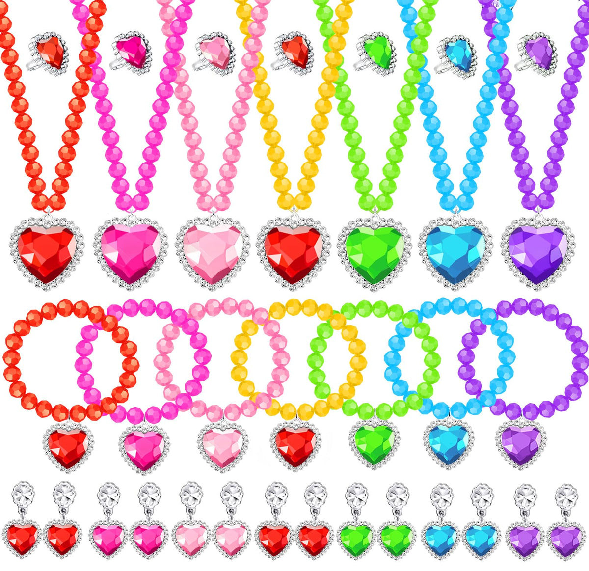 DIZRNOI Princess Jewelry Set for Girls with Colorful Necklace Bracelets Rings Earrings Birthday Gifts Party Favors Pretend Play Dress up Costume Friendship Jewelry for Toddler Girls (Heart)