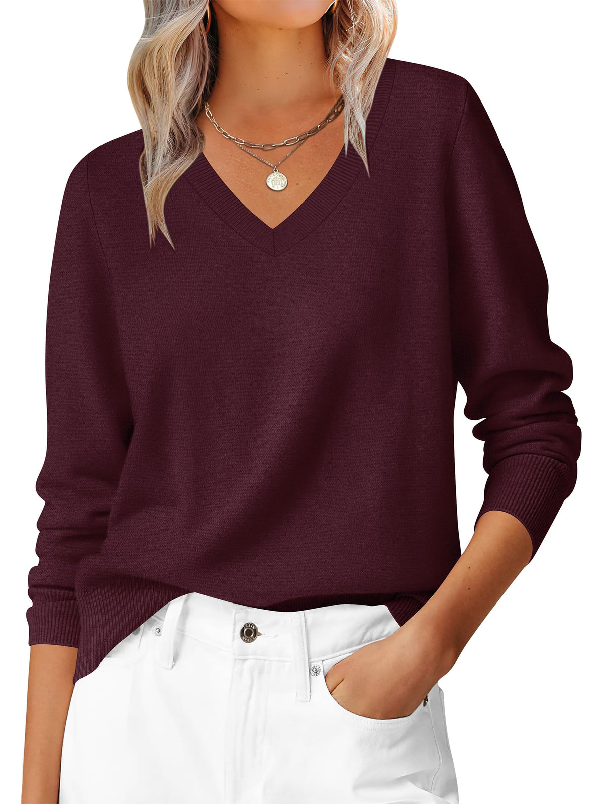 ANRABESS Women���s Fall Long Sleeve V Neck Lightweight Sweaters Top Da
