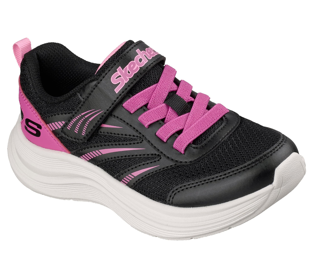 Skechers Streamline Athletic Sneakers - Gore and Strap Design Machine Washable Kids Shoes, Black Synthetic/Pink Trim, 2H
