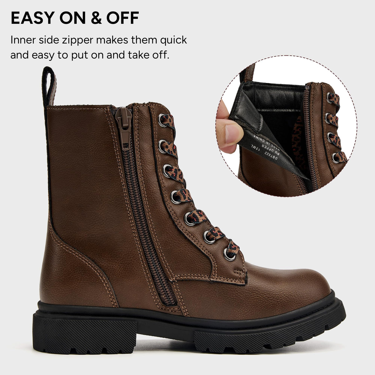 Stelle Girls Combat Ankle Boots with Printed Lace-Up Side Zipper(BN, 3ML)