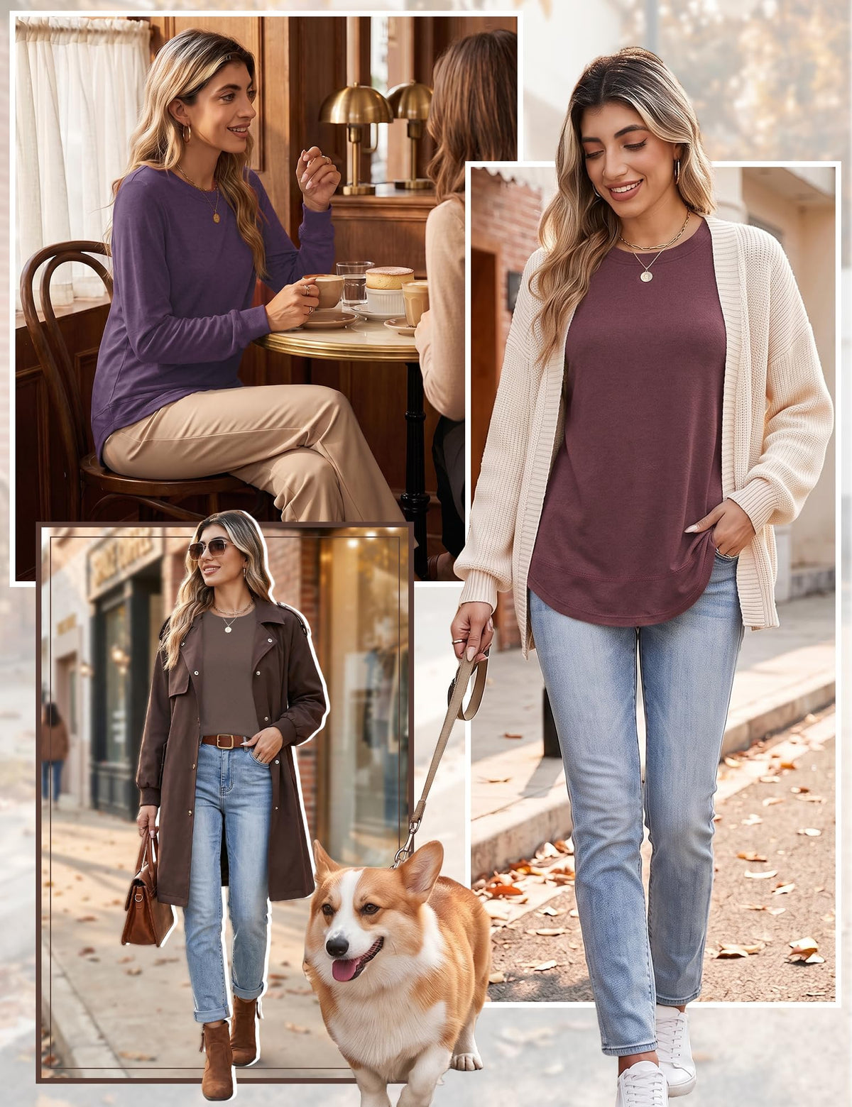 TCOT 3 Pack Ladies Blouses and Tops Crew Neck Long Sleeve Everyday TShirts
