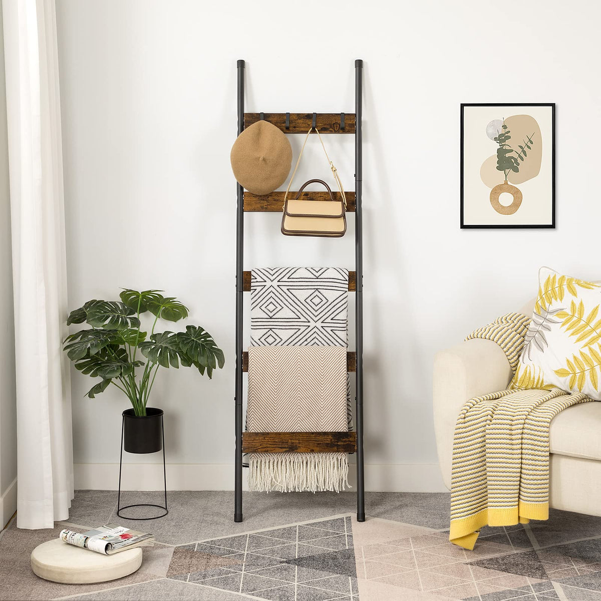 HOOBRO Blanket Ladder, 5-Tier Towel Rack with Hooks, Wall-Leaning Blanket Rack, Decorative Display Ladder Shelf, for Scarves, Industrial, Living Room, Bedroom, Rustic Brown and Black BF52CJ01