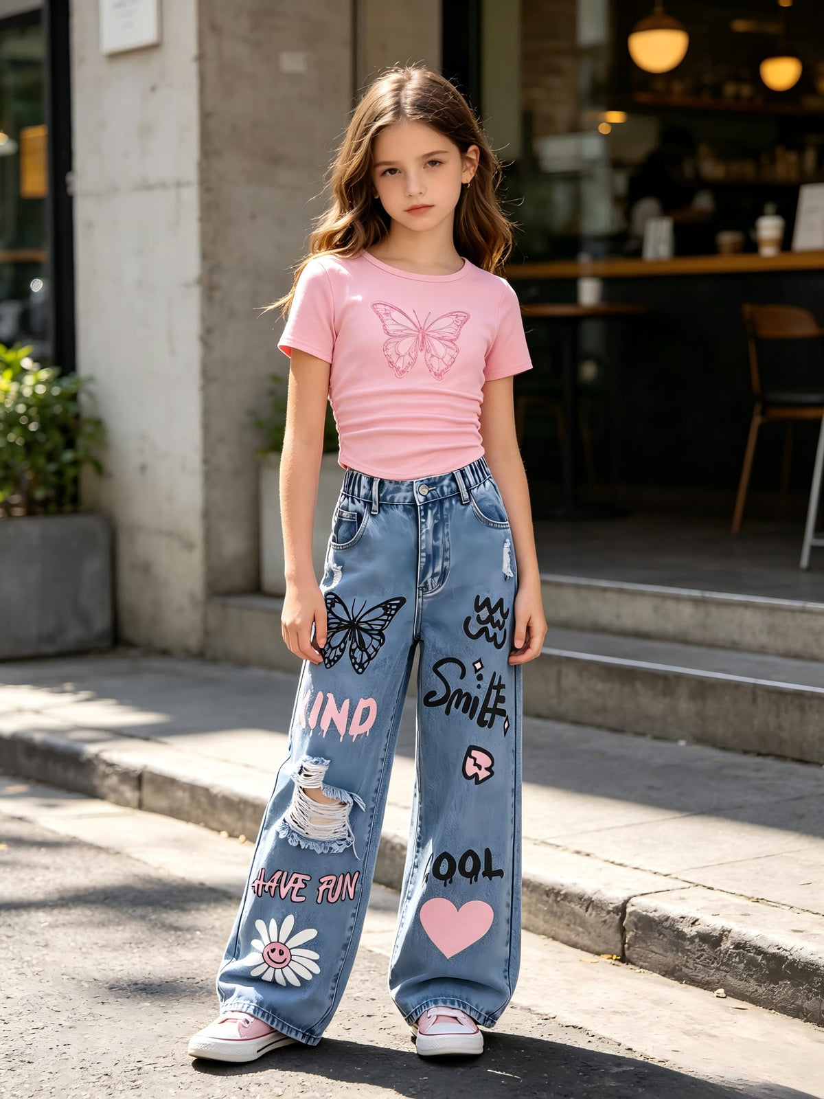 LKALPSQ Girls Outfits Teen Girls Clothes Butterfly Graphic Crop Short Sleeve T Shirts & Ripped Print Wide Leg Jeans 2PCS Girls Clothing Set 9-10 Years