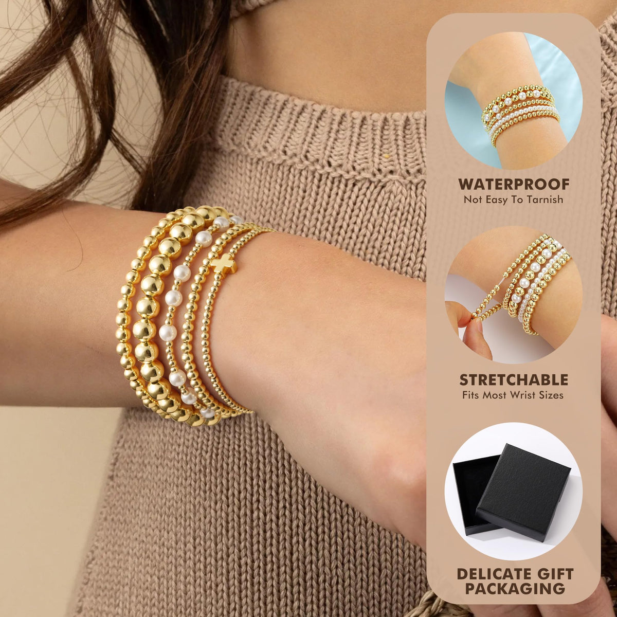 Yoosteel Gold Bracelets for Women, 14k Gold Plated Beaded Bracelets Set