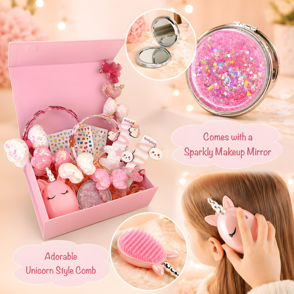 Hair Accessories for Girls Gift Set - Girl Hair Accessories Kit for Kids Ages 4-8, Pink Hair Clips, Barrettes, Ponytail Ties, Bows, Headbands, Mirror & Unicorn Comb, Toddler Hair Set
