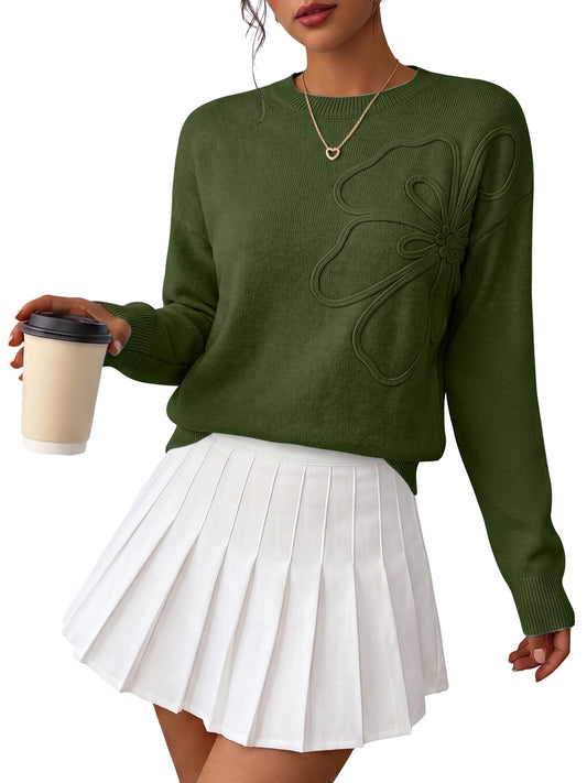 ANRABESS Sweaters for Women Trendy Knit 3D Floral Fall Fashion Outfit,Army