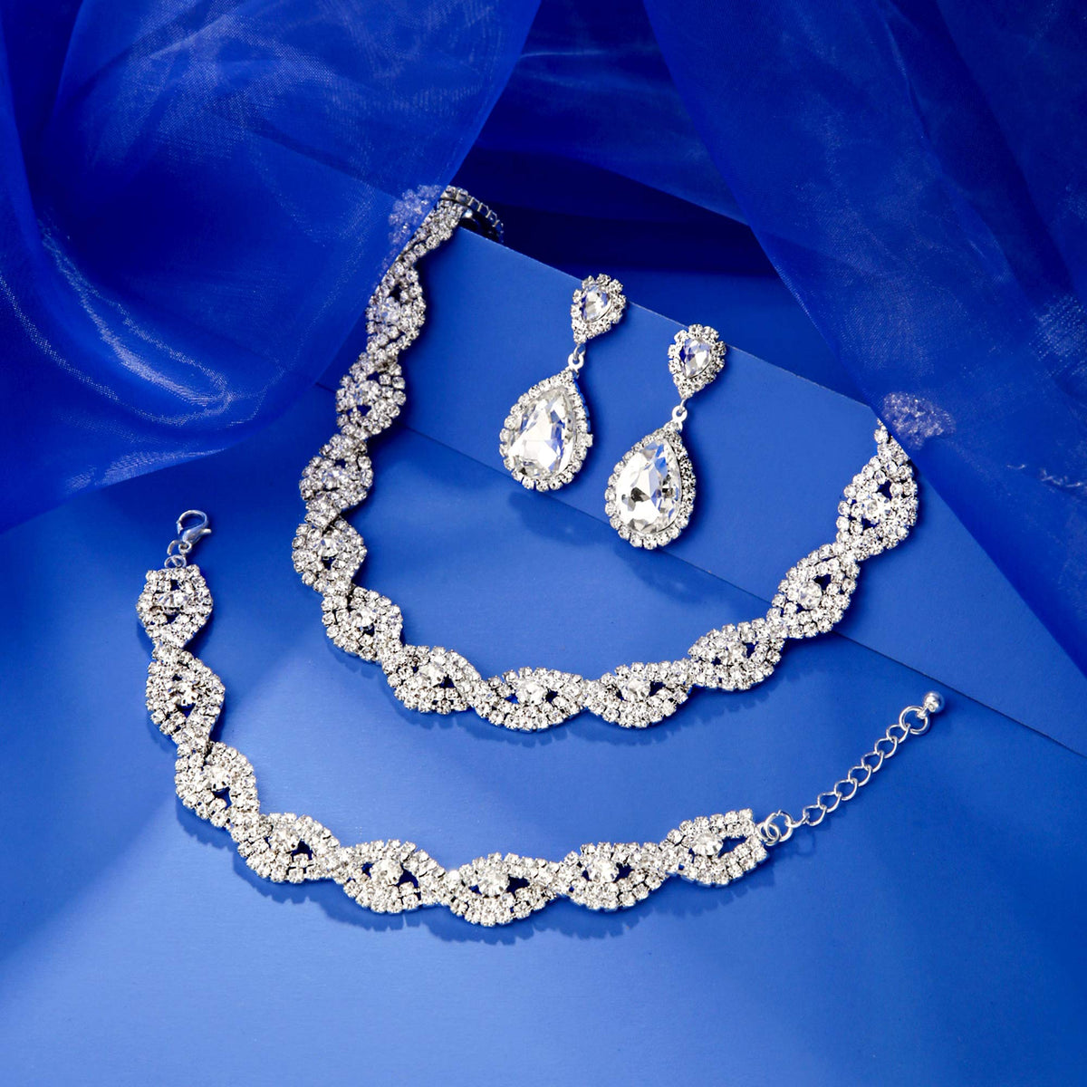 Miraculous Garden 3 Pack Bridal Rhinestone Crystal Statement Choker Necklace Link Bracelet and Teardrop Dangle Earrings Jewelry Set