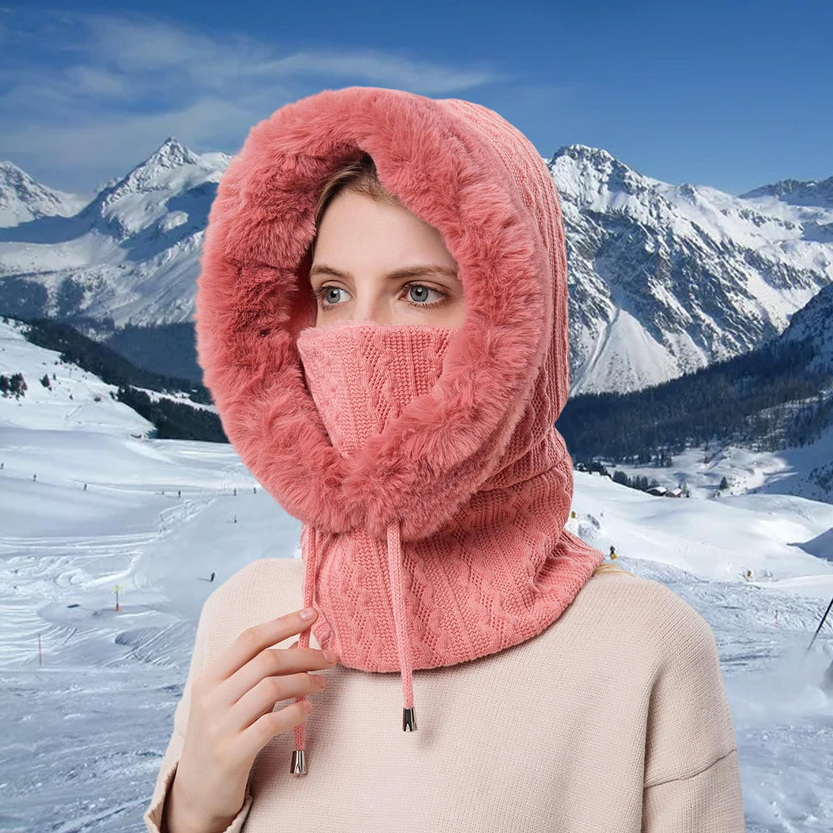 HUAMULAN Women Cable Knit Balaclavas Winter Fleece Lined Beanie Hat