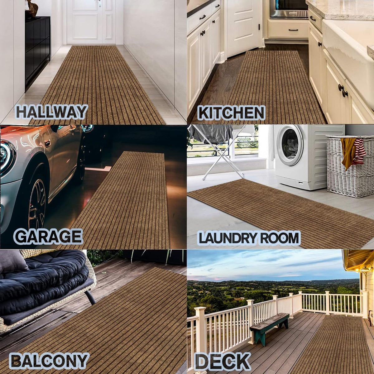 Custom Size Backed Non-Slip Area Rugs Runner, Easy Clean, Waterproof Runner Rugs for Hallway Entryway, Kitchen, Laundry, 3FT x 60FT, Brown Stripe