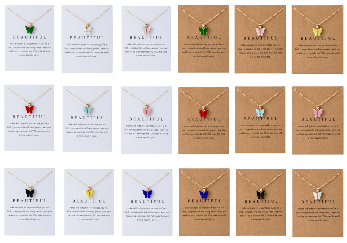 LOTSOF 18 Piece Butterfly Pendant Necklace Set, Colorful Acrylic Chain Necklaces for Women, Bohemian Jewelry Gift (18 PCS)
