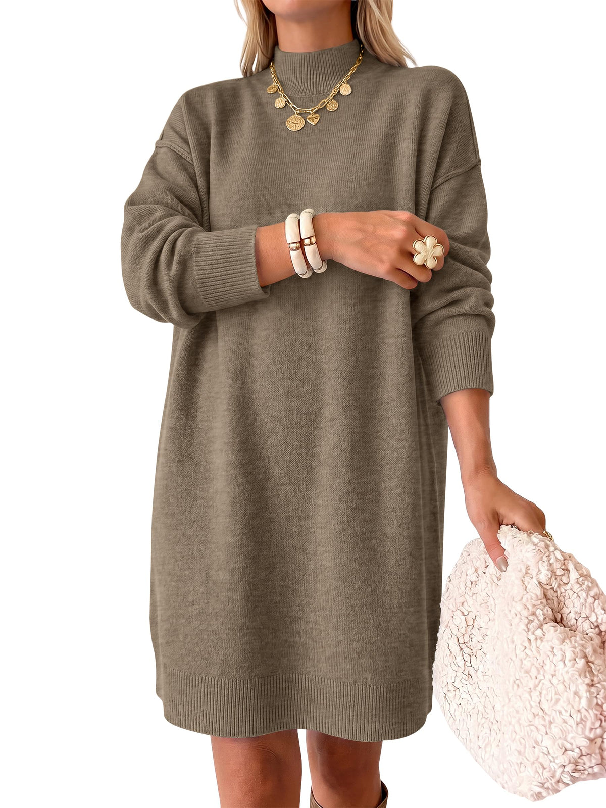 ANRABESS Sweater Dress for Women Fall Oversized Mock Neck Long Sleeve Dress