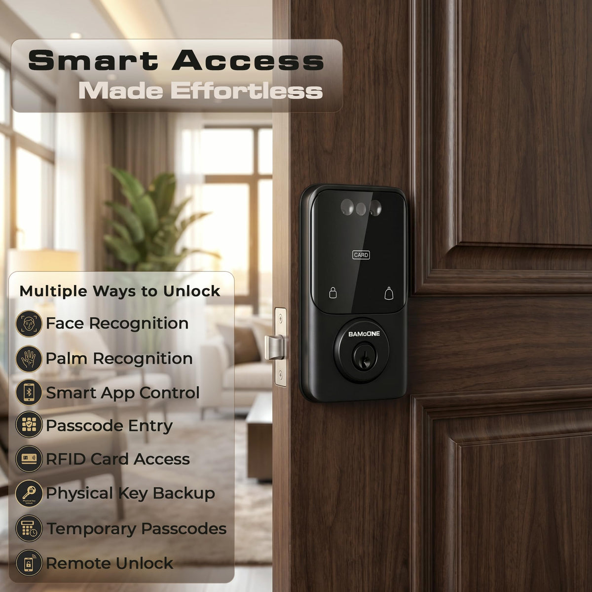 BAMoONE Bluetooth Deadbolt with Face & Palm Vein Recognition, Matte Black