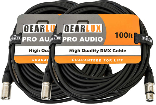 Gearlux DMX Cable, 3 Pin, Male to Female, 100 Feet - 2 Pack