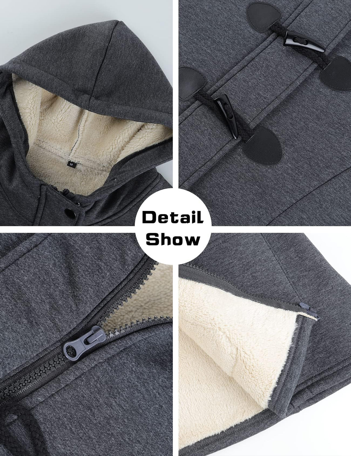 Gihuo Women's Sherpa Lined Toggle Duffle Coat Fleece Hooded Winter Warm Jacket Sweatshirt(DarkGrey01-XL)