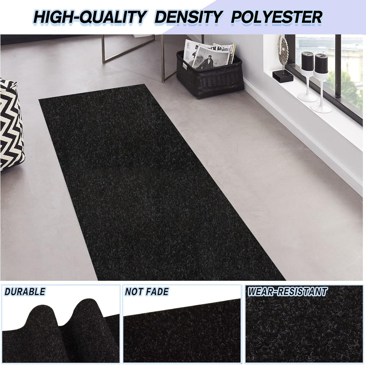Custom Size Backed Non-Slip Area Rugs Runner, Easy Clean, Waterproof Runner Rugs for Hallway Entryway, Kitchen, Laundry, 3FT x 60FT, Black